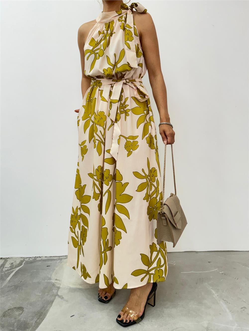 Tie Collar Belted Long Dress with Pockets -Beige-246-3690-R56