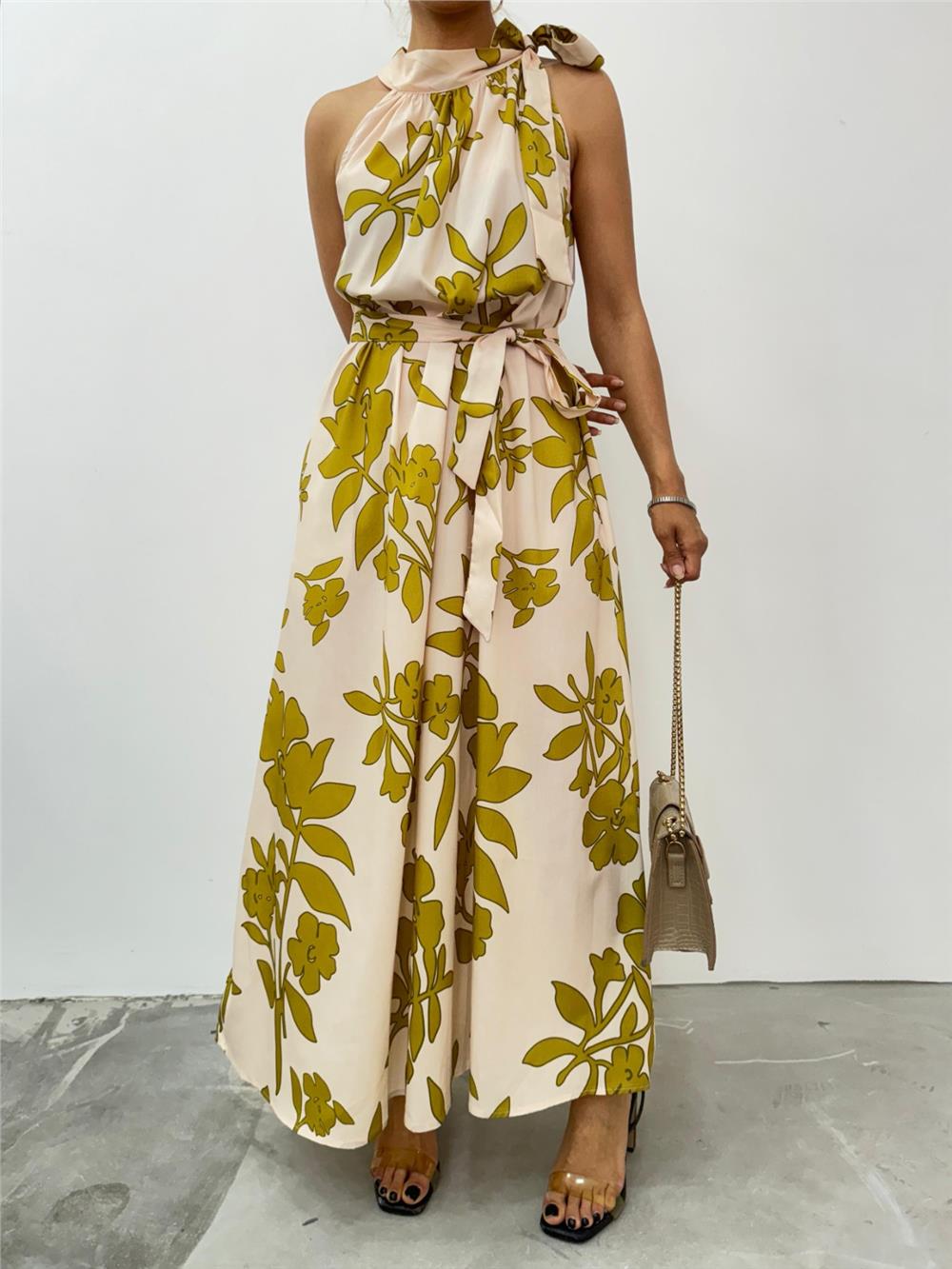 Tie Collar Belted Long Dress with Pockets -Beige-246-3690-R56