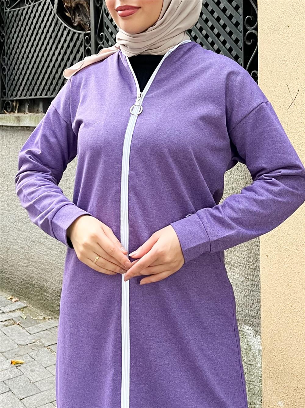 Yakası Biyeli Boydan Fermuarlı İki İp Penye Takım  -Mor-332-3044-R34