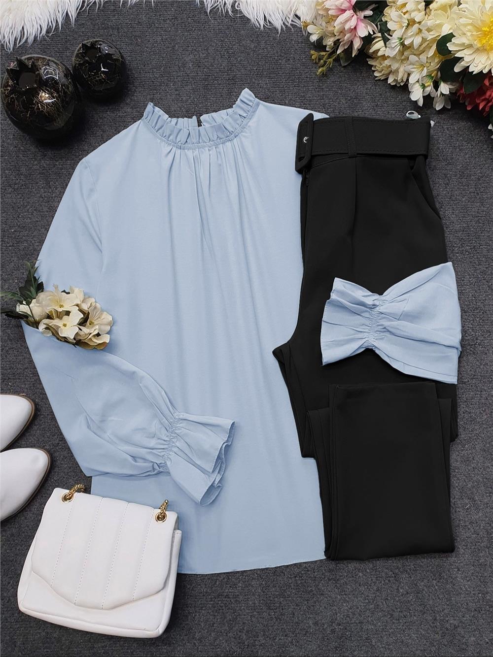Yakası Büzgülü Bluz     -Bebe Mavi-111-20840-R32