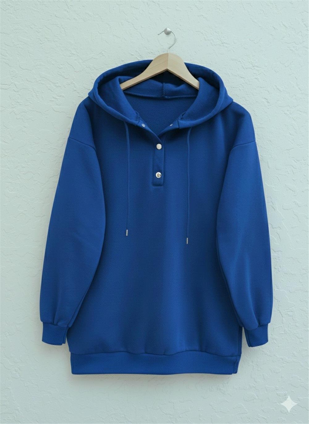 Yakası Çıtçıtlı Kapşonlu Şardonlu Üç İplik Sweat  -Saks-349-5162-R10