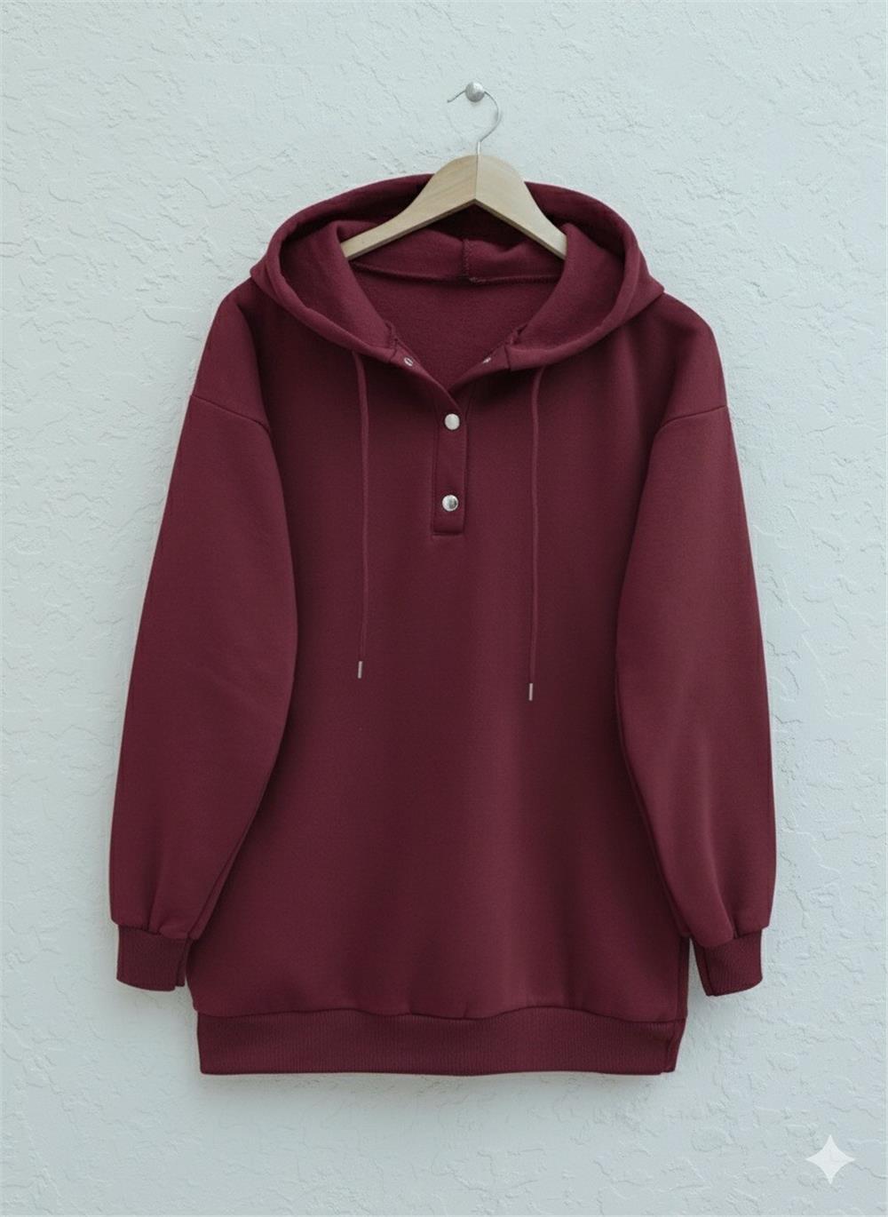 Yakası Çıtçıtlı Kapşonlu Şardonlu Üç İplik Sweat  -Bordo-349-5162-R04