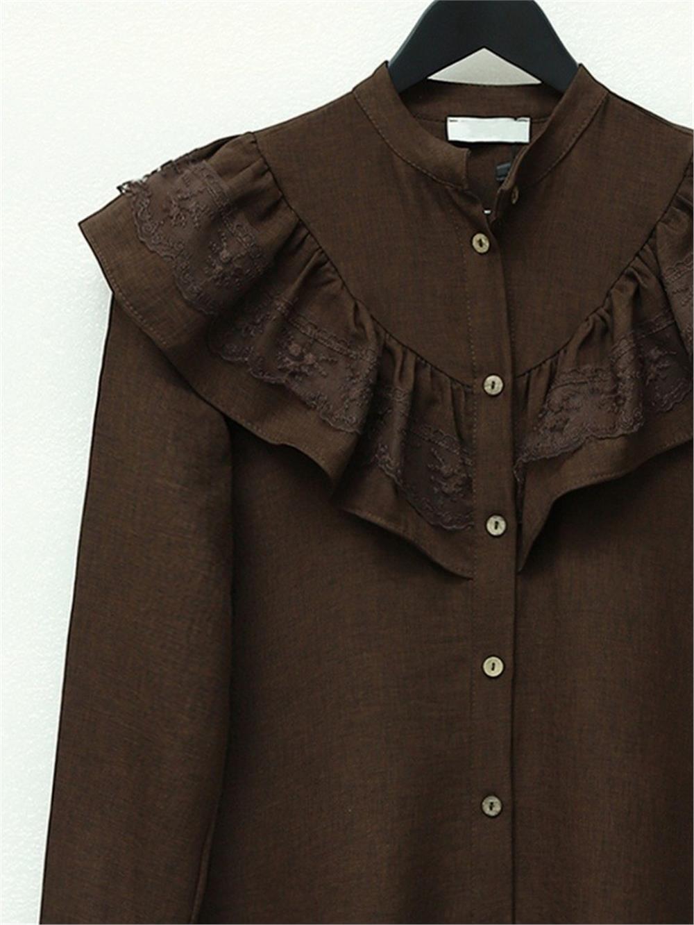 Magnificent Collar Linen Tunic with Lace Frills -K. Coffee-386-8556-R54