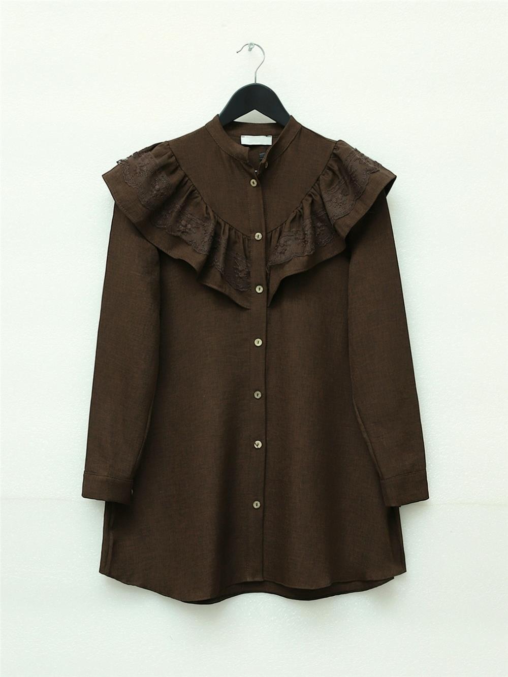 Magnificent Collar Linen Tunic with Lace Frills -K. Coffee-386-8556-R54