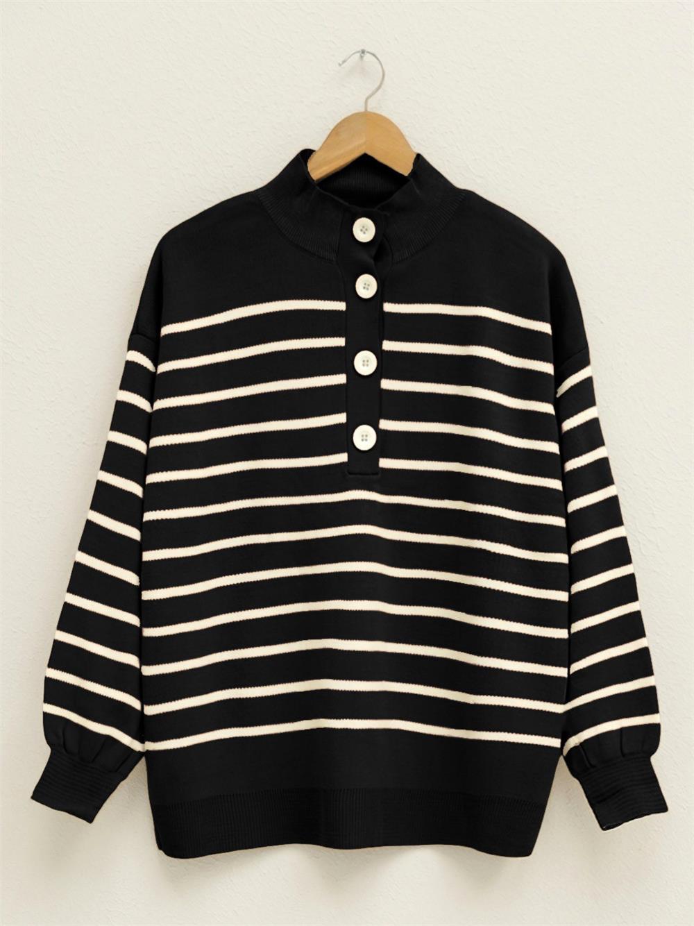 Half-Neck Knitted Sweater with Buttons on the Collar - Black-295-8018-R01