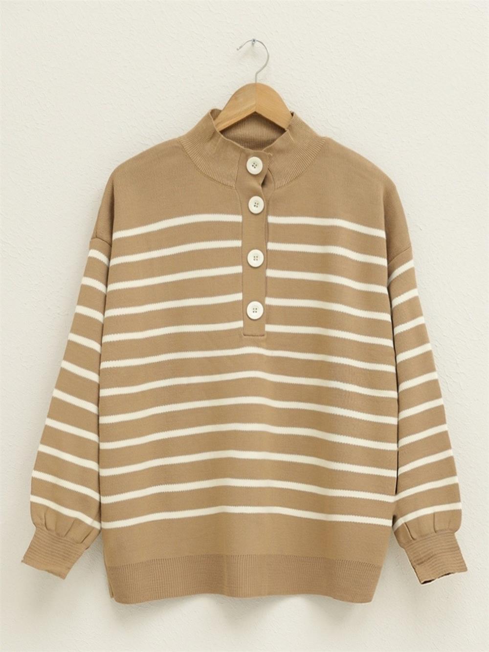 Half-Neck Knitted Sweater with Buttons on the Collar -Mink-295-8018-R23