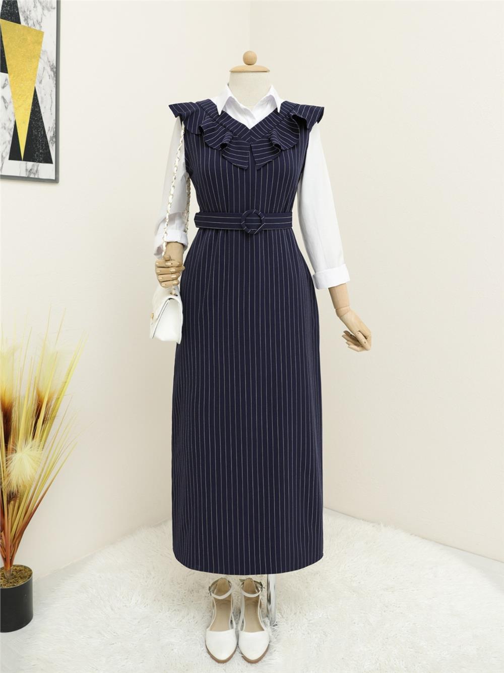 Striped Belted Gilet Dress with Frilly Collar - Navy Blue-111-60812-R03