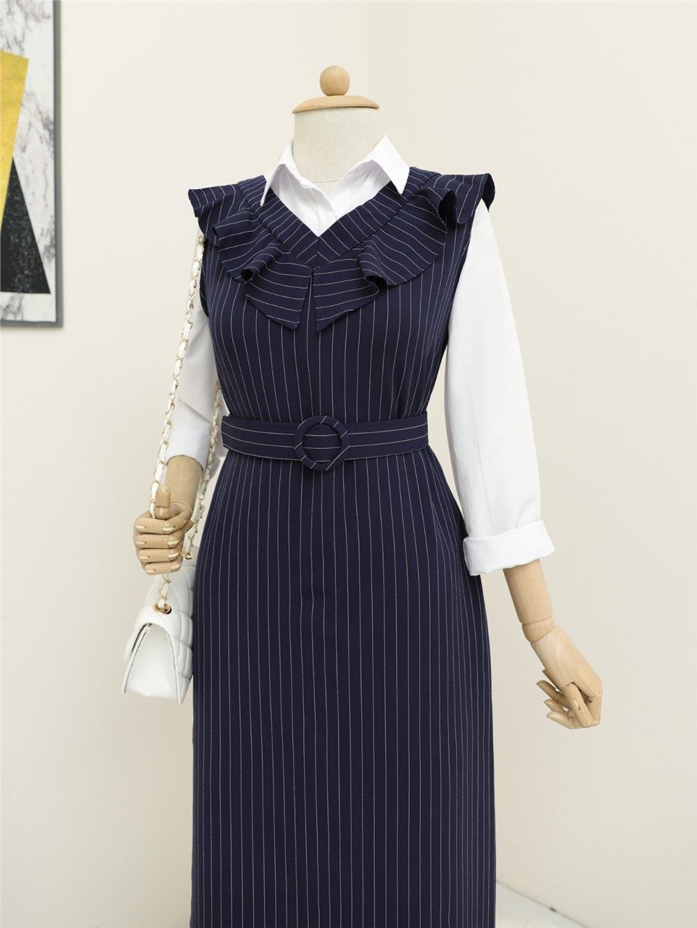 Striped Belted Gilet Dress with Frilly Collar - Navy Blue-111-60812-R03