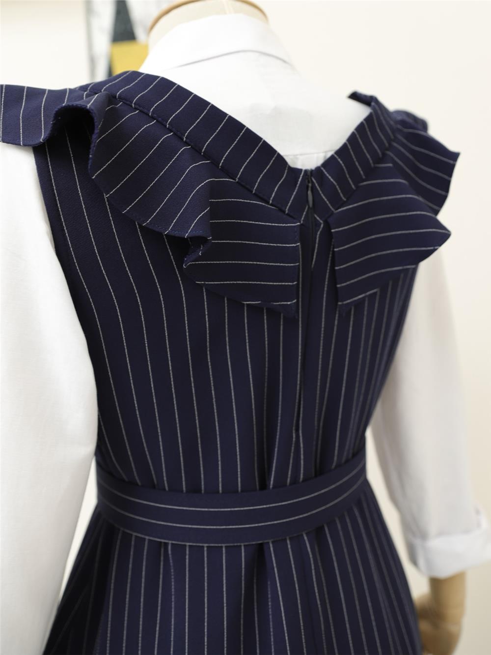 Striped Belted Gilet Dress with Frilly Collar - Navy Blue-111-60812-R03
