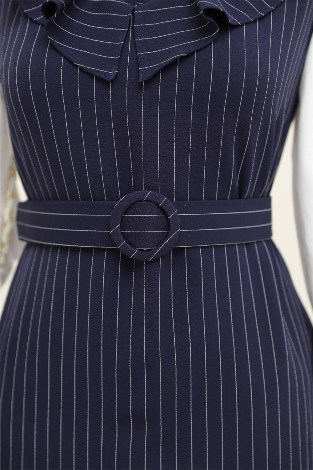 Striped Belted Gilet Dress with Frilly Collar - Navy Blue-111-60812-R03