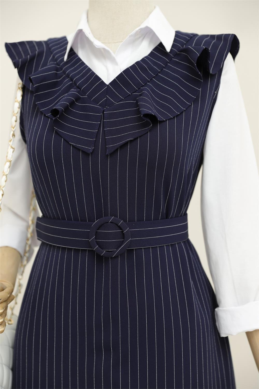 Striped Belted Gilet Dress with Frilly Collar - Navy Blue-111-60812-R03