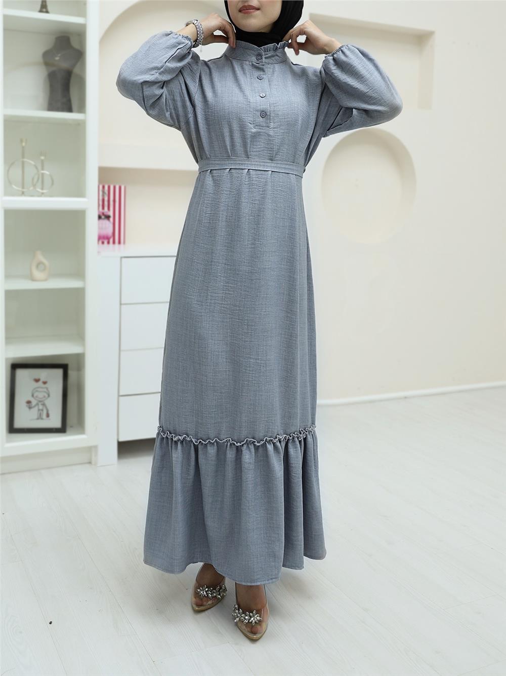 Linen Dress with Ruffled Collar and Button Detail and Pieced Skirt - Gray-349-4040-R11