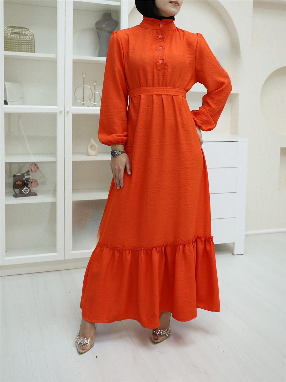 Linen Dress with Ruffled Collar, Button Detail and Pieced Skirt -Orange-349-4040-R16