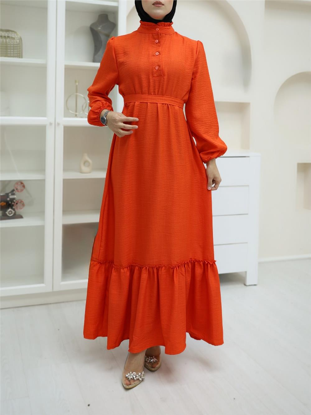 Linen Dress with Ruffled Collar, Button Detail and Pieced Skirt -Orange-349-4040-R16