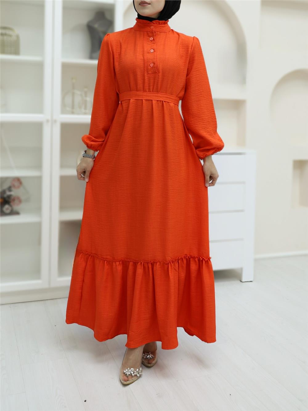 Linen Dress with Ruffled Collar, Button Detail and Pieced Skirt -Orange-349-4040-R16