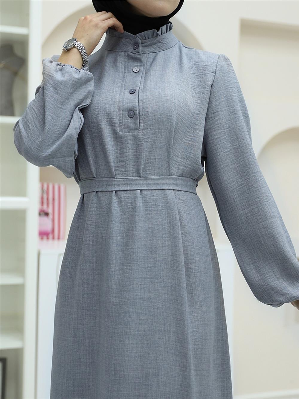 Linen Dress with Ruffled Collar and Button Detail and Pieced Skirt - Gray-349-4040-R11
