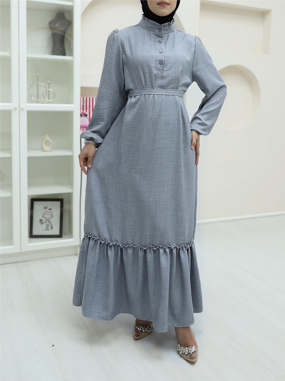 Linen Dress with Ruffled Collar and Button Detail and Pieced Skirt - Gray-349-4040-R11