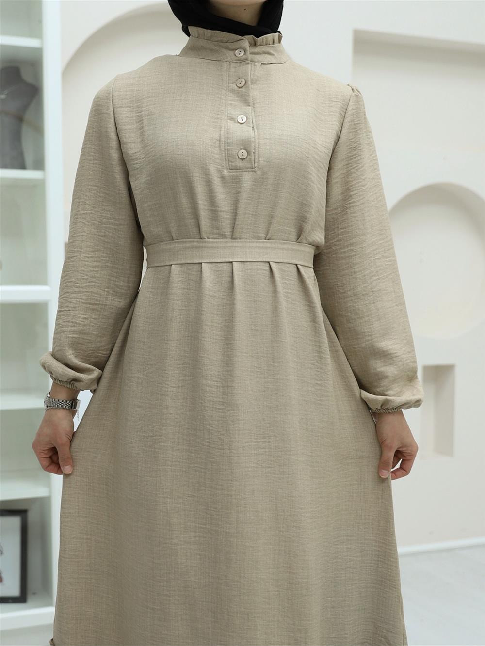 Linen Dress with Frilly Collar Button Detail and Pieced Skirt -Beige-349-4040-R56