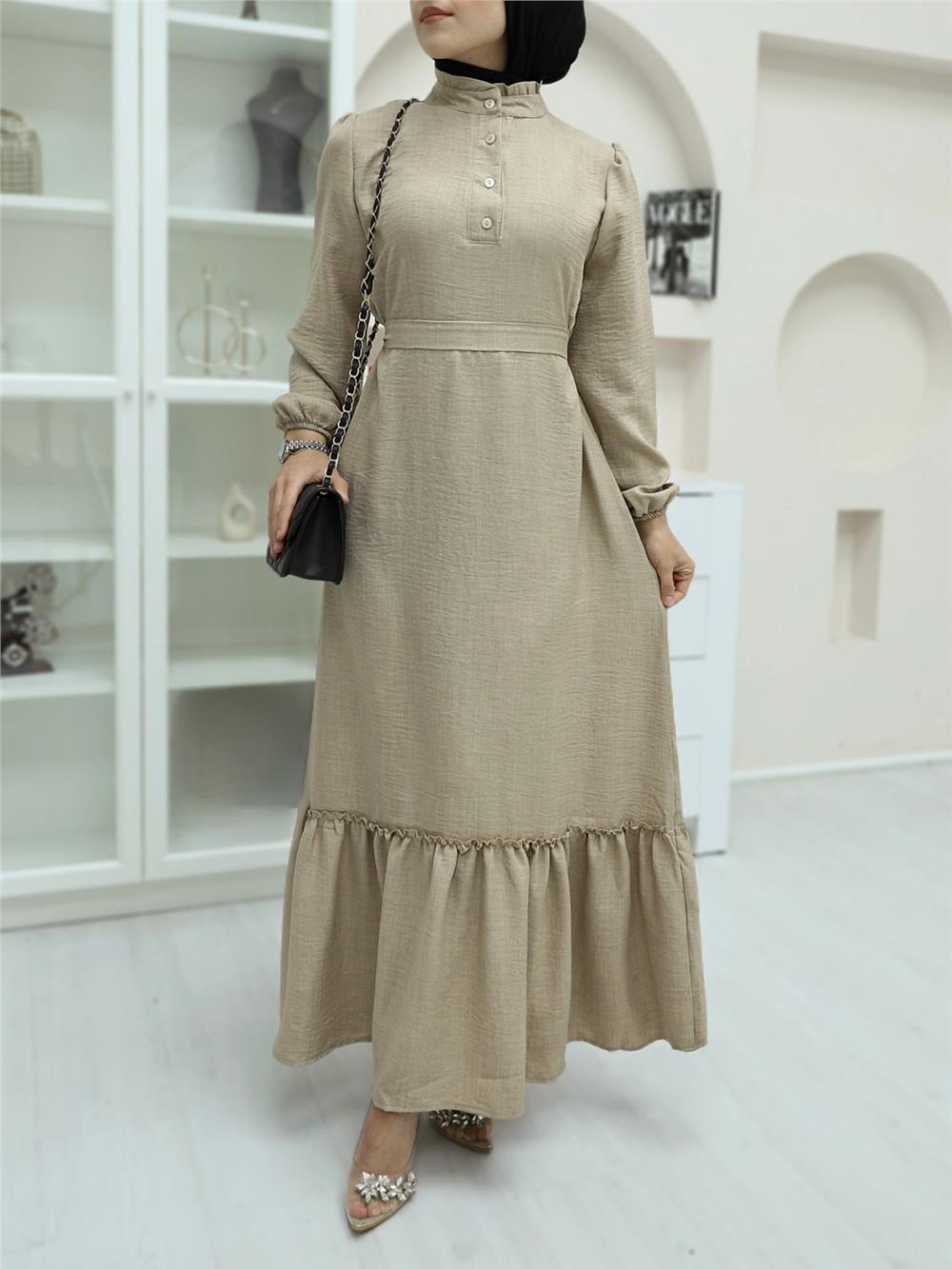 Linen Dress with Frilly Collar Button Detail and Pieced Skirt -Beige-349-4040-R56