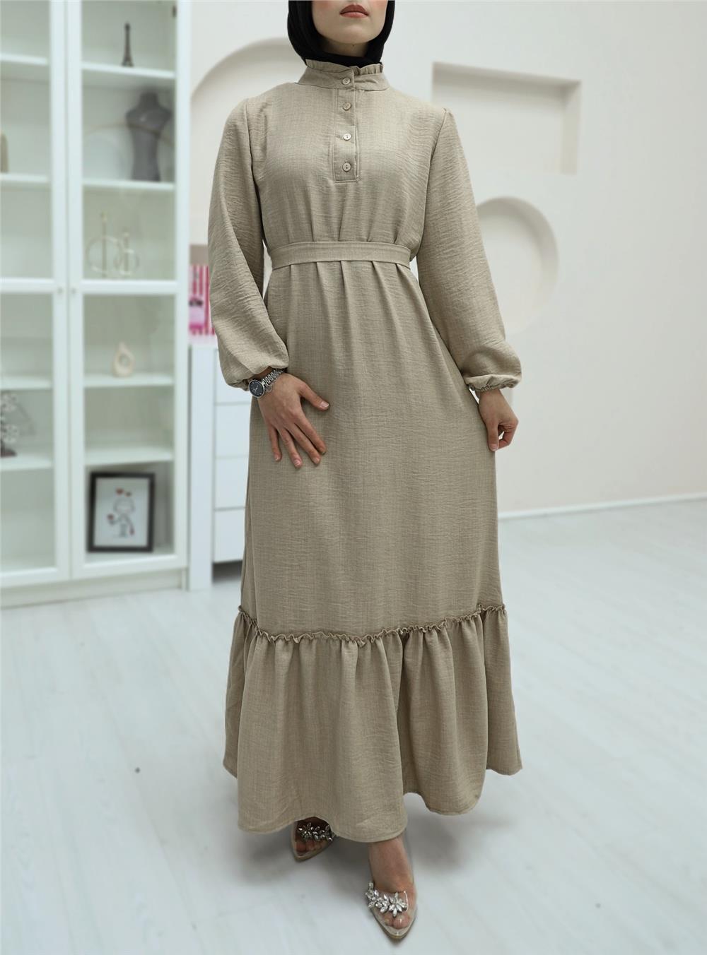 Linen Dress with Frilly Collar Button Detail and Pieced Skirt -Beige-349-4040-R56