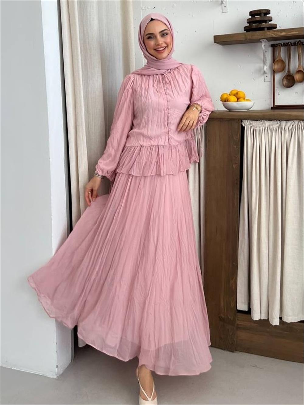 Yakası Fırfırlı Düğmeli Şifon Kraş Etekli Takım -Pudra-114-760-R06