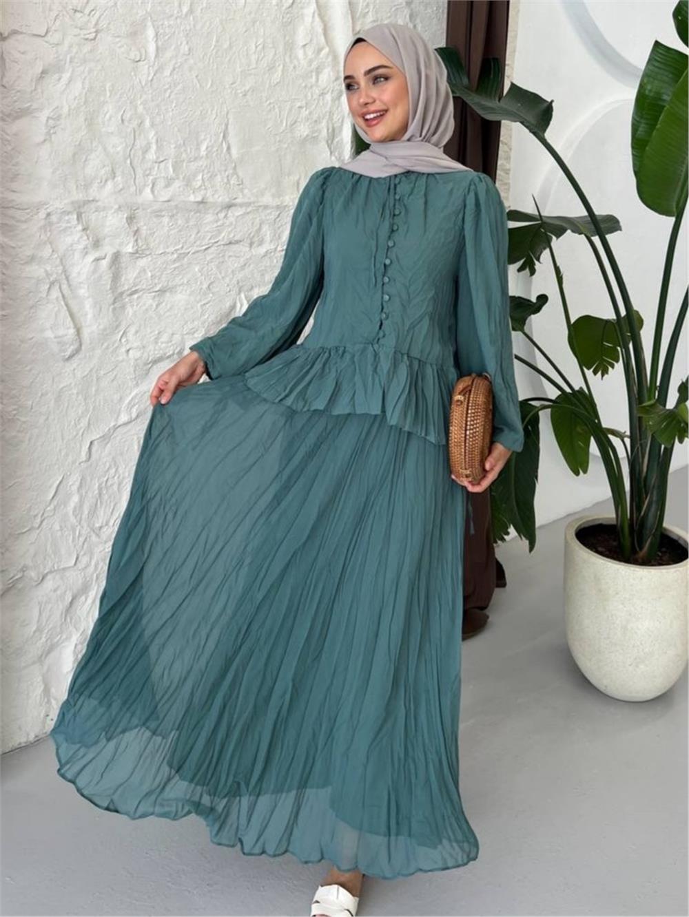 Yakası Fırfırlı Düğmeli Şifon Kraş Etekli Takım -Mint-114-760-R24