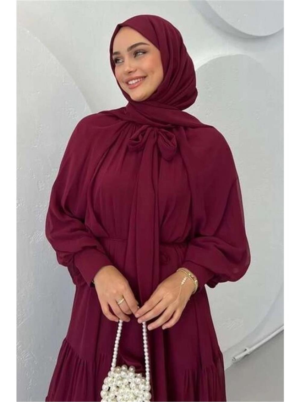Yakası Fular Detaylı Eteği Parçalı Şifon Elbise -Bordo-114-5731-R04
