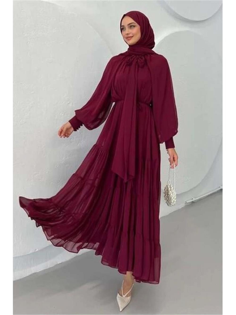 Yakası Fular Detaylı Eteği Parçalı Şifon Elbise -Bordo-114-5731-R04