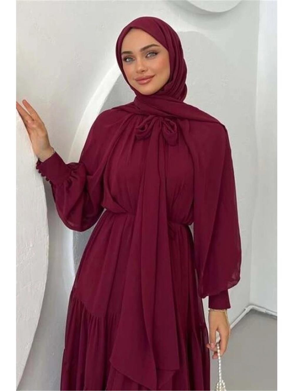 Yakası Fular Detaylı Eteği Parçalı Şifon Elbise -Bordo-114-5731-R04