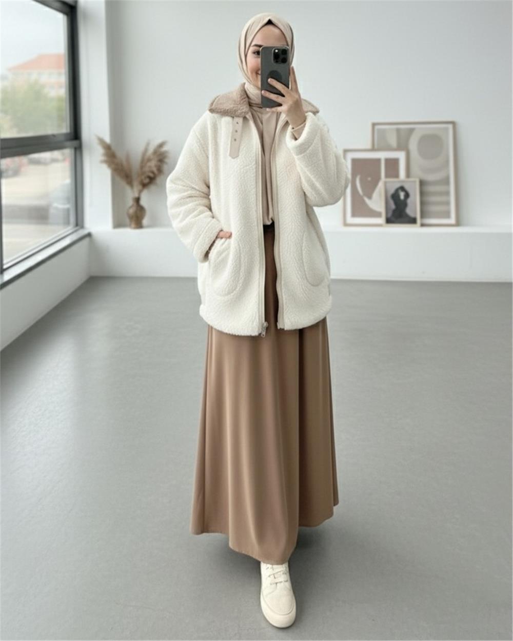 Yakası Garni Detaylı İçi Astarlı Cep Detaylı  Peluş Mont  -Bej-348-2666-R56
