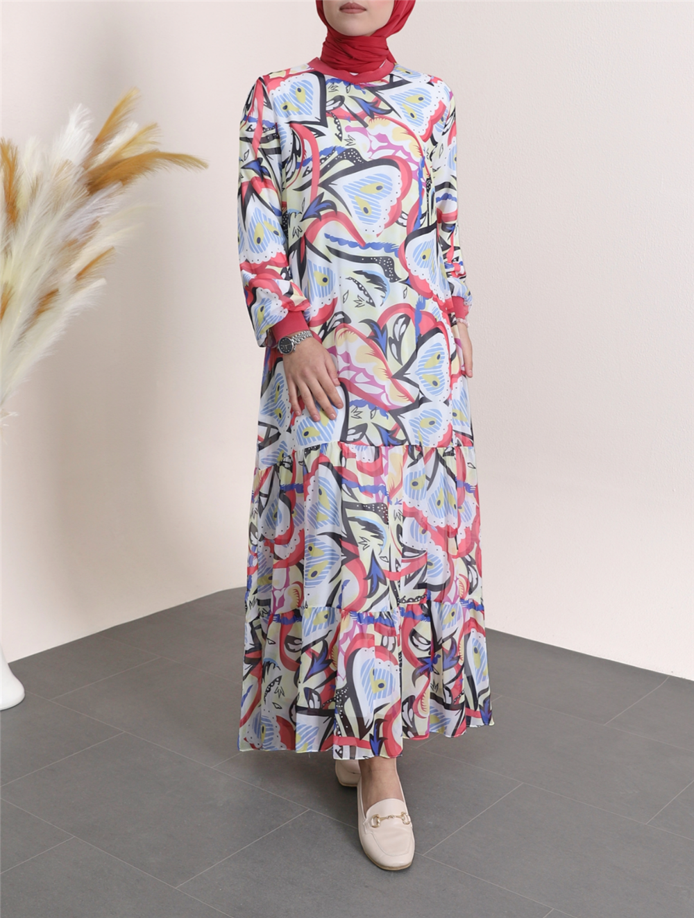 Tiered Patterned Chiffon Dress with Ribbed Collar and Skirt -G.Kurusu-111-61126-R27
