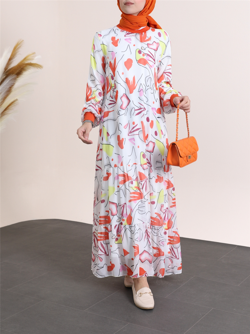 Tiered Patterned Chiffon Dress with Ribbed Collar and Skirt -Orange-111-61126-R16