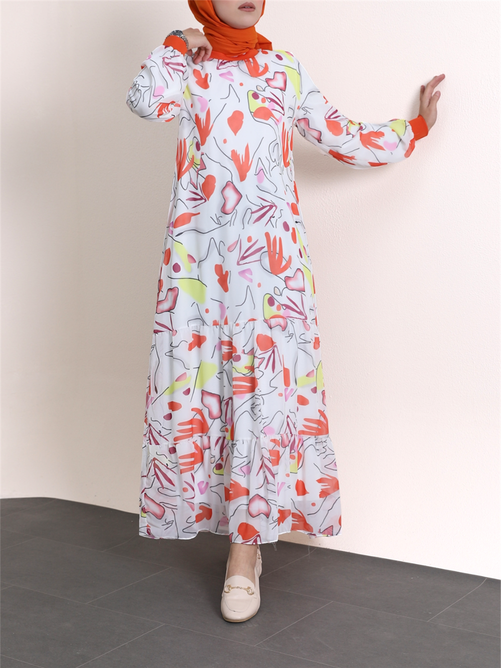 Tiered Patterned Chiffon Dress with Ribbed Collar and Skirt -Orange-111-61126-R16