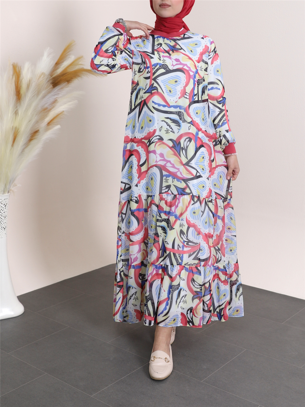Tiered Patterned Chiffon Dress with Ribbed Collar and Skirt -G.Kurusu-111-61126-R27