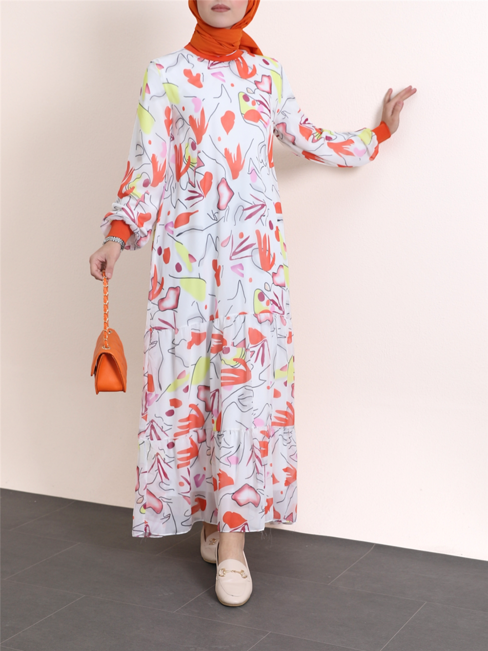 Tiered Patterned Chiffon Dress with Ribbed Collar and Skirt -Orange-111-61126-R16