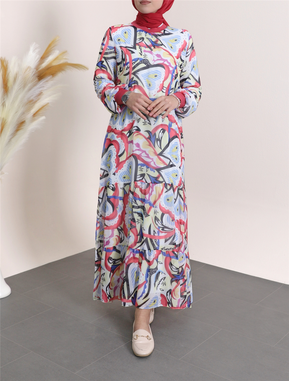 Tiered Patterned Chiffon Dress with Ribbed Collar and Skirt -G.Kurusu-111-61126-R27