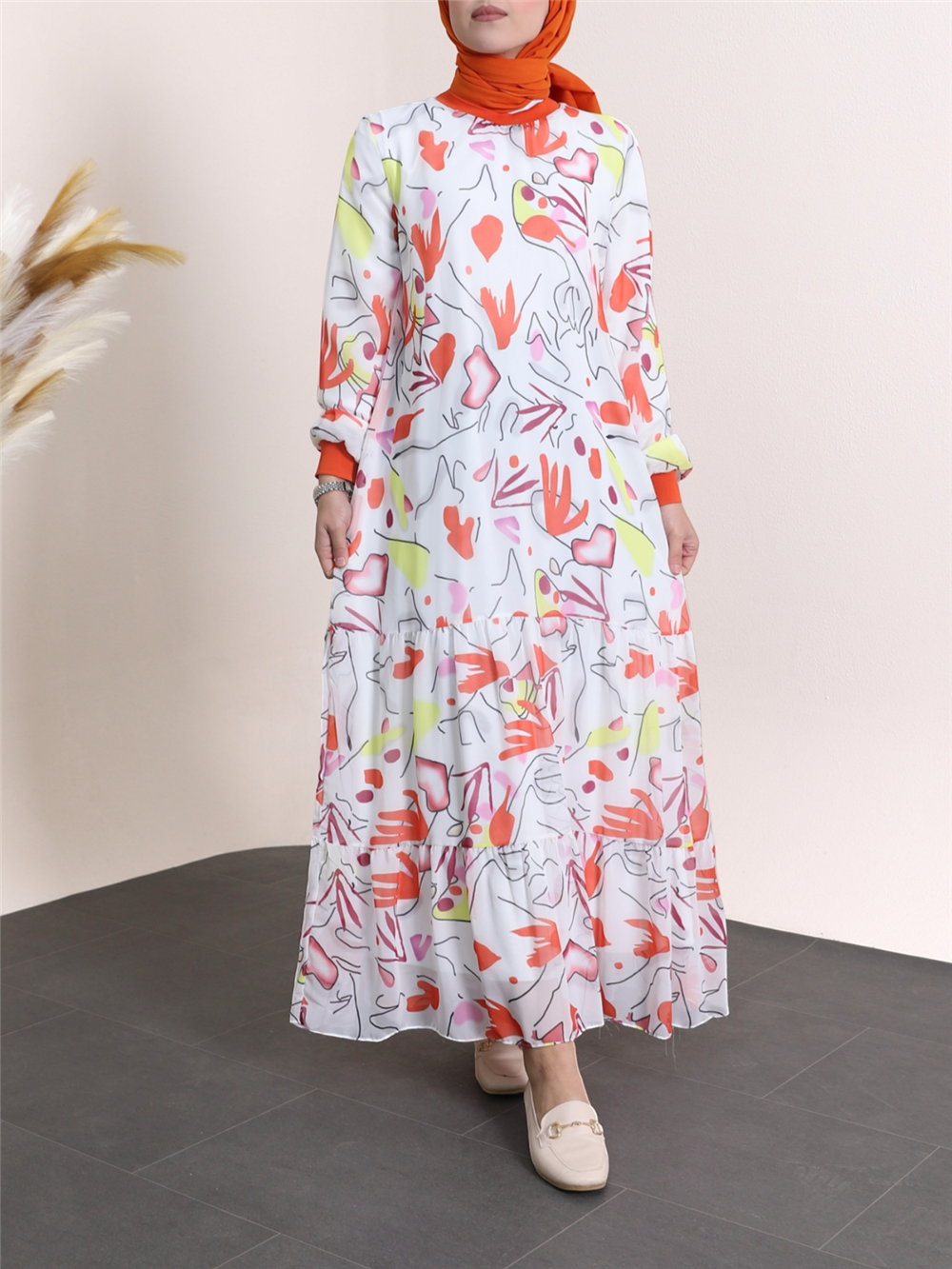 Tiered Patterned Chiffon Dress with Ribbed Collar and Skirt -Orange-111-61126-R16