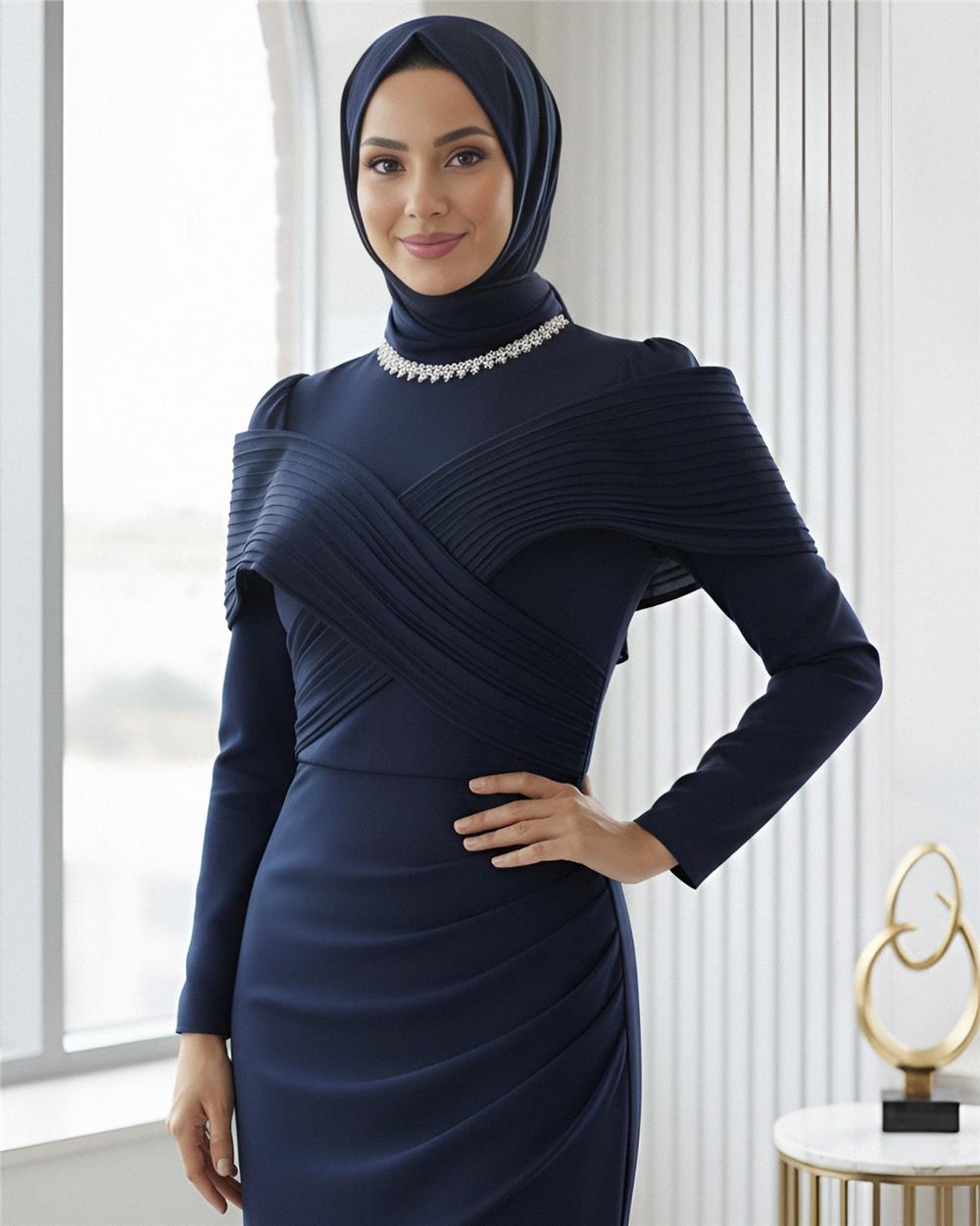 Yakası Taş Detaylı Omuzu Kat Drapeli Abiye -Laci-316-4783-R03