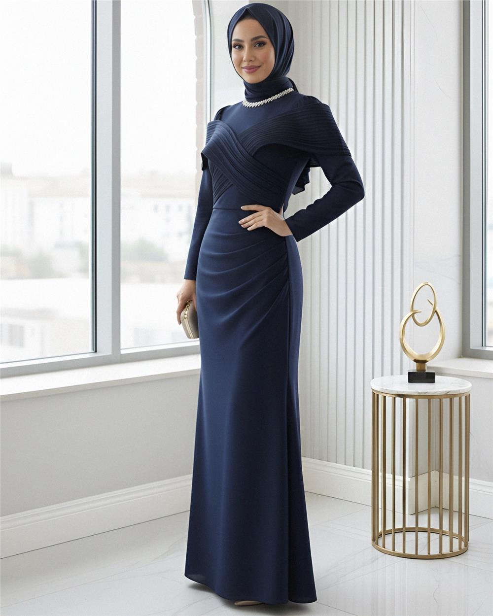 Yakası Taş Detaylı Omuzu Kat Drapeli Abiye -Laci-316-4783-R03
