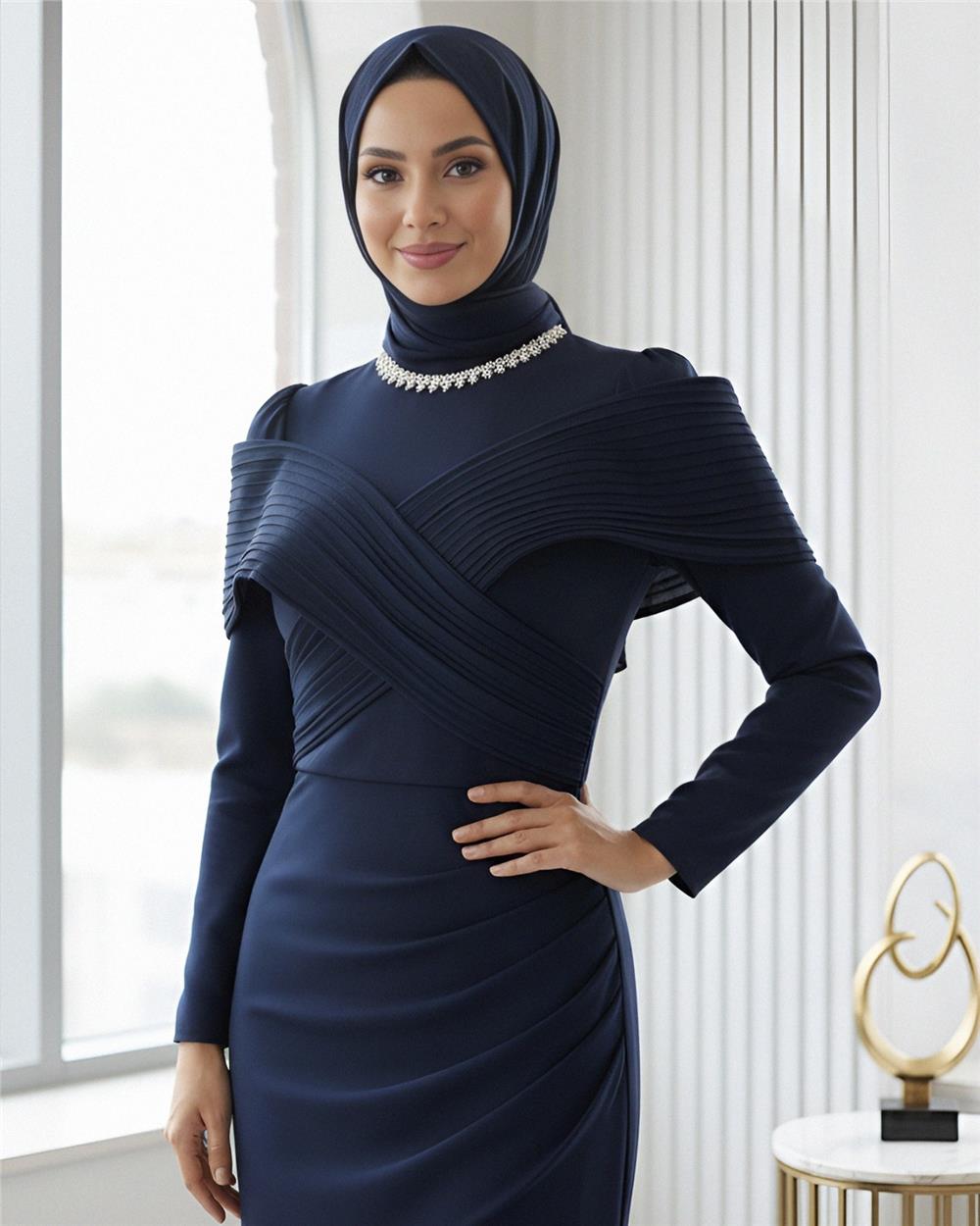 Yakası Taş Detaylı Omuzu Kat Drapeli Abiye -Laci-316-4783-R03