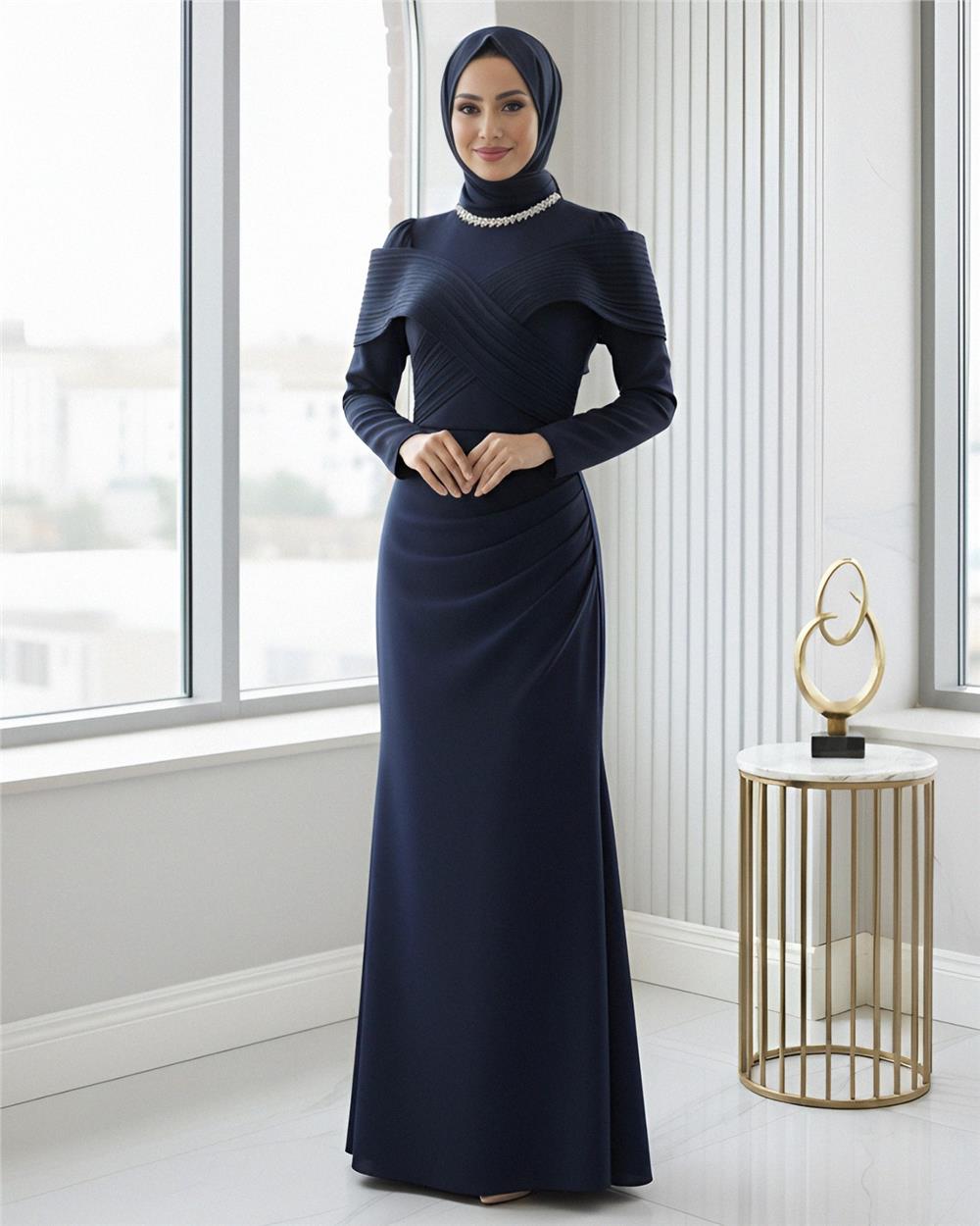 Yakası Taş Detaylı Omuzu Kat Drapeli Abiye -Laci-316-4783-R03