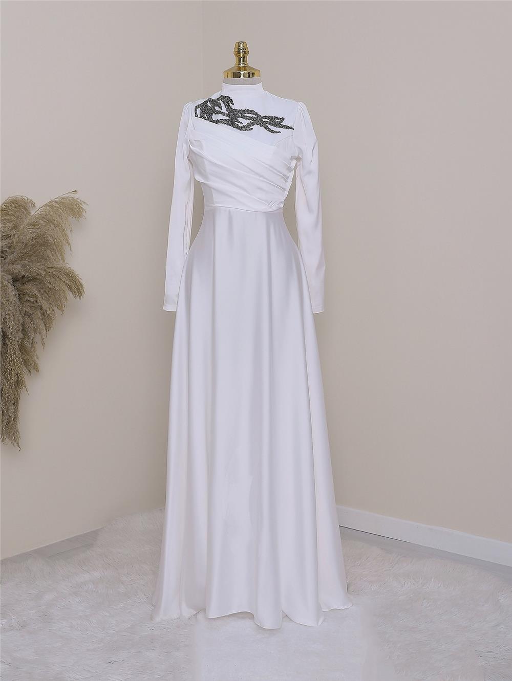 Stone Collar Draped Evening Dress -White-337-6703-R02