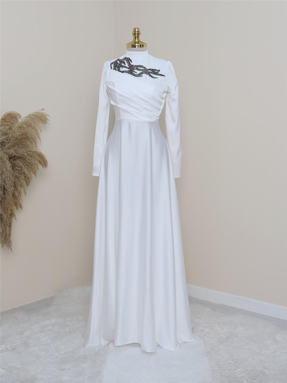 Stone Collar Draped Evening Dress -White-337-6703-R02