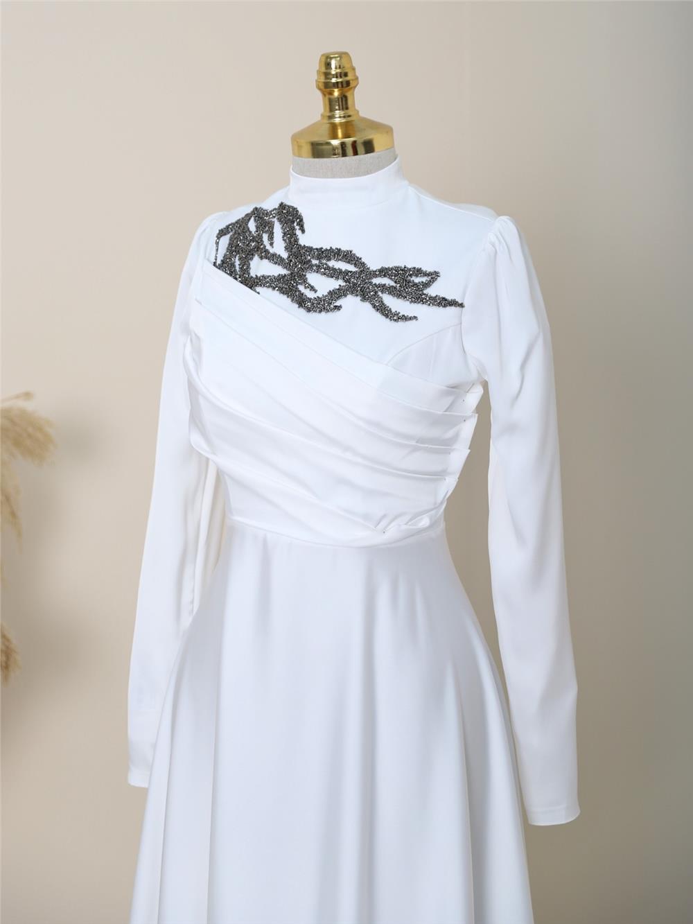 Stone Collar Draped Evening Dress -White-337-6703-R02