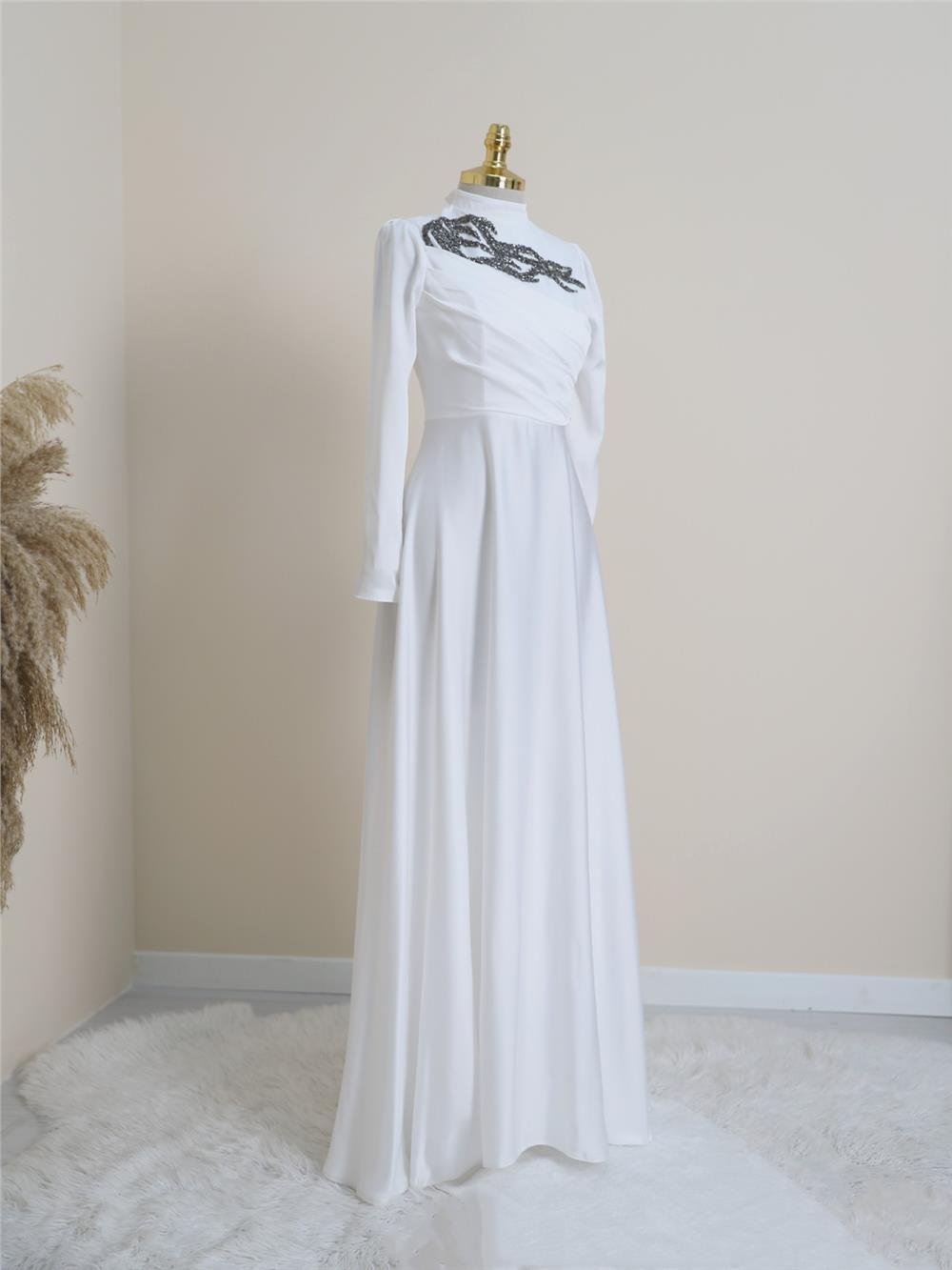 Stone Collar Draped Evening Dress -White-337-6703-R02