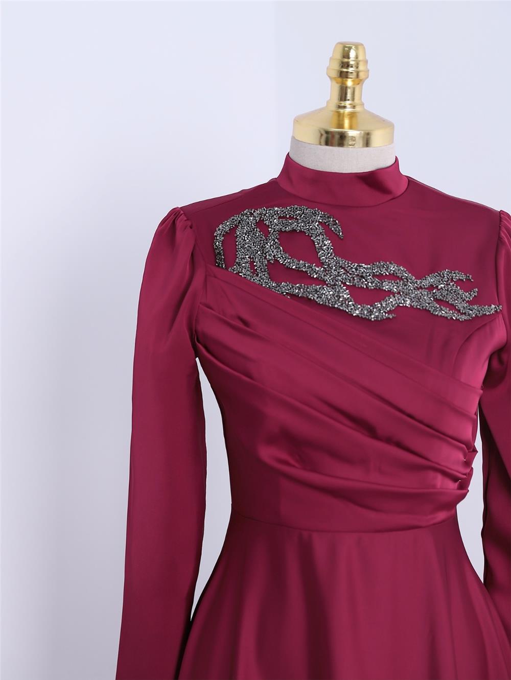 Stone Collar Draped Evening Dress -Maroon-337-6703-R04