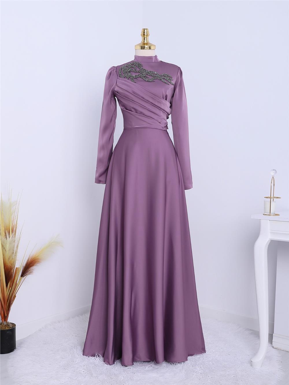 Stone Collar Draped Evening Dress -Lilac-337-6703-R42