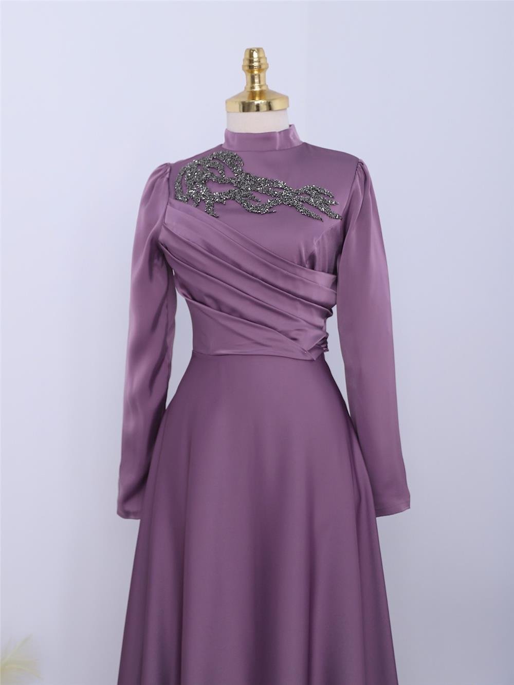 Stone Collar Draped Evening Dress -Lilac-337-6703-R42