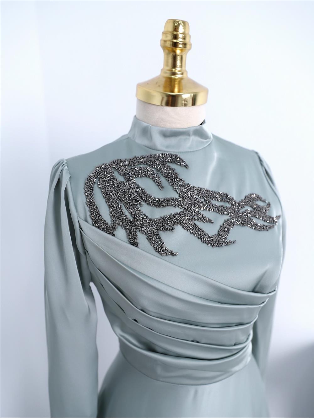 Stone Collar Draped Evening Dress -Sea Green-337-6703-R36