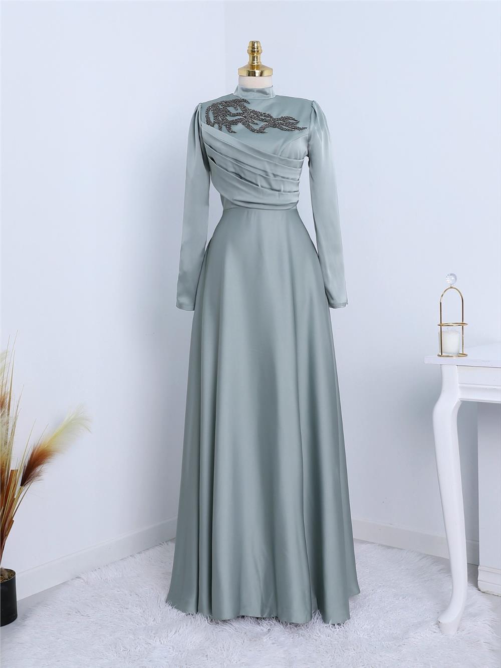 Stone Collar Draped Evening Dress -Sea Green-337-6703-R36